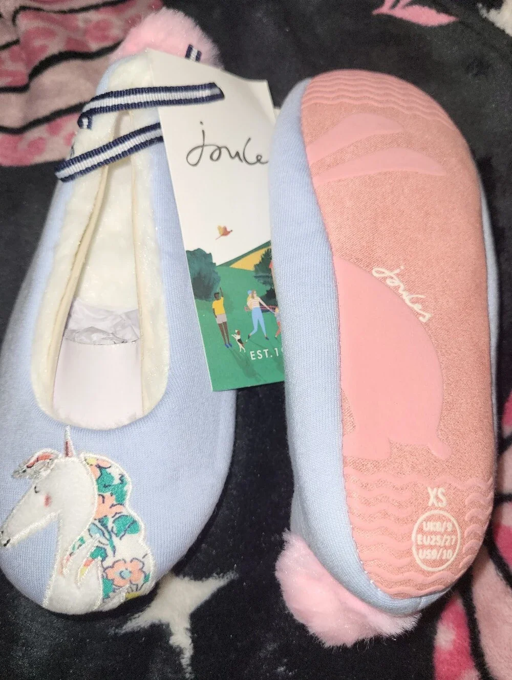 Joules Blue Unicorn Kids Slippers with Pink Pom